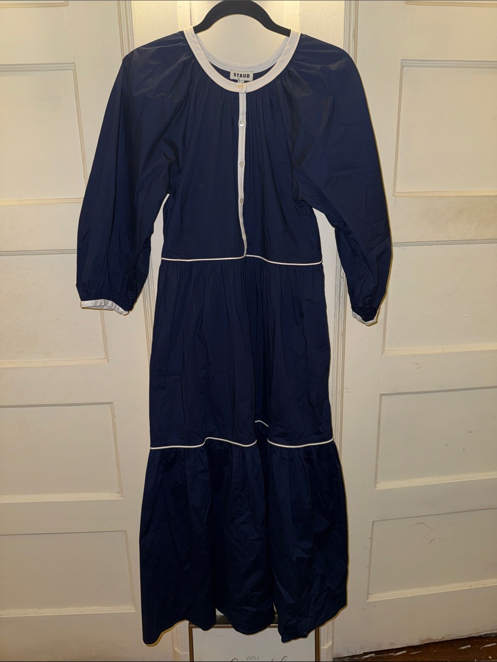 STAUD Navy Dress with White Piping Tiered Midi